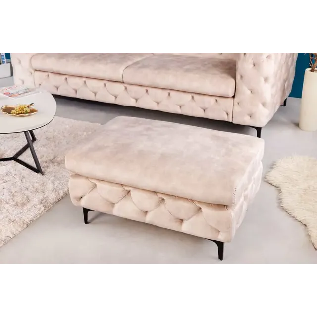 Pouf moderne baroque 90 cm – Velours champagne & pieds noirs