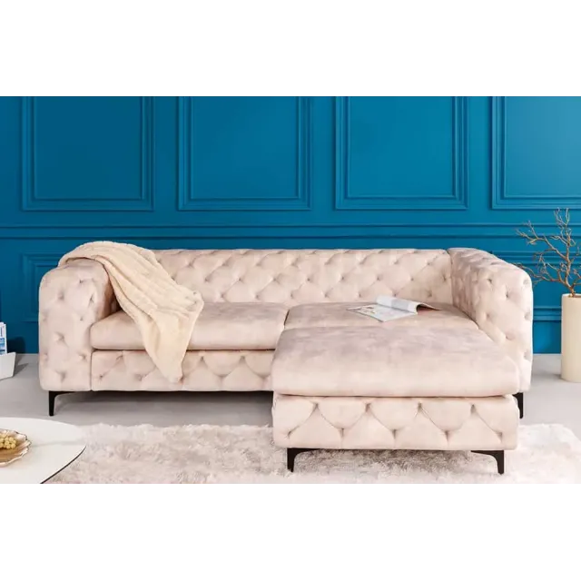 Pouf moderne baroque 90 cm – Velours champagne & pieds noirs