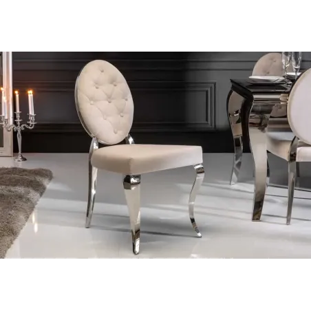 Chaise moderne baroque en velours beige – Design élégant avec pieds en acier inoxydable