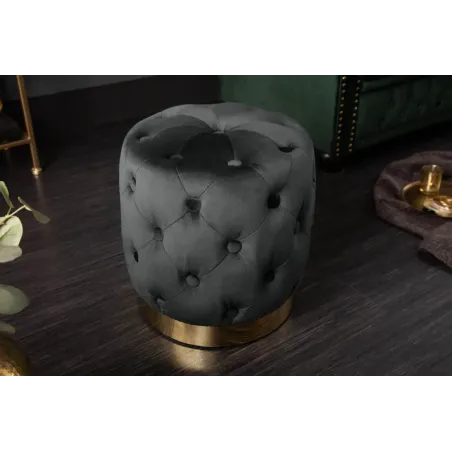 Pouf design baroque moderne – Velours noir & socle doré – 40 cm