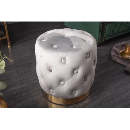 Pouf design baroque moderne – Velours gris clair & base dorée – 37 cm 2