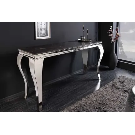 Console design baroque moderne 140 cm – Céramique effet marbre anthracite & pieds chromés