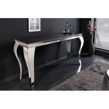Console design baroque moderne 140 cm – Céramique effet marbre anthracite & pieds chromés