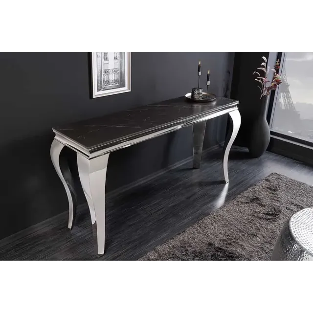 Console design baroque moderne 140 cm – Céramique effet marbre anthracite & pieds chromés