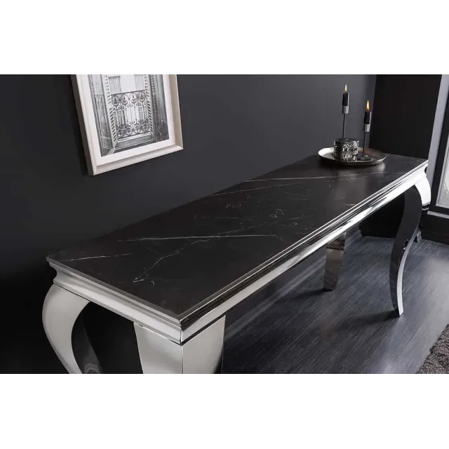 Console design baroque moderne 140 cm – Céramique effet marbre anthracite & pieds chromés