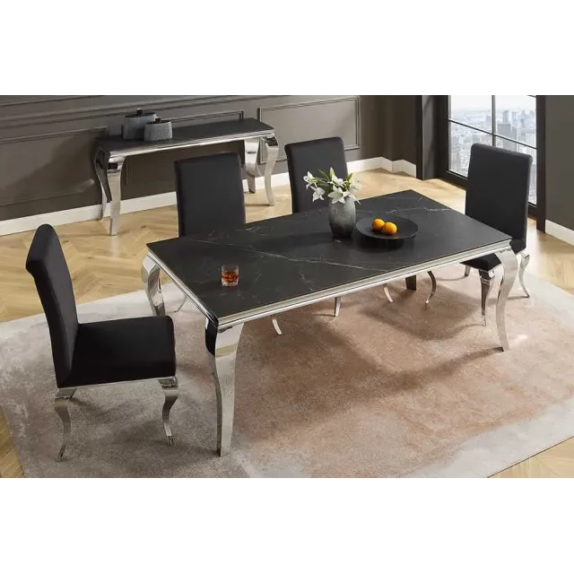 Table à manger design baroque moderne 180 cm – Céramique noir anthracite & pieds chromés Table à manger design baroque moderne 180 cm – Céramique noir anthracite & pieds chromés