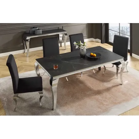Table à manger design baroque moderne 180 cm – Céramique noir anthracite & pieds chromés