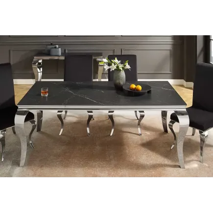 Table à manger design baroque moderne 180 cm – Céramique noir anthracite & pieds chromés