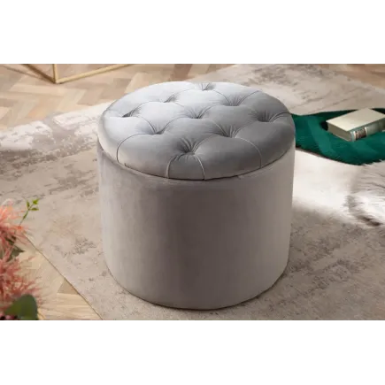 Pouf de rangement baroque moderne – 50 cm – Velours gris argenté avec capitonnage 2