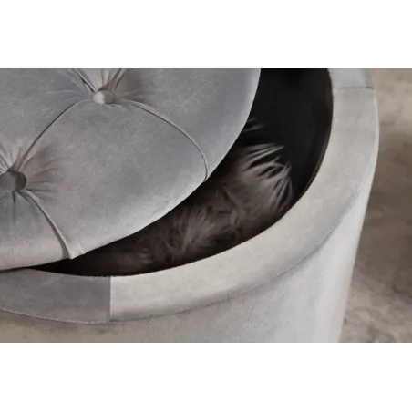Pouf de rangement baroque moderne – 50 cm – Velours gris argenté avec capitonnage