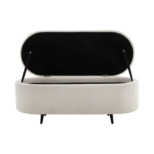 Banquette scandinave VOGUE 110 cm – Bouclé blanc & pieds noirs avec coffre de rangement intégré Banquette scandinave VOGUE 110 cm – Bouclé blanc & pieds noirs avec coffre de rangement intégré