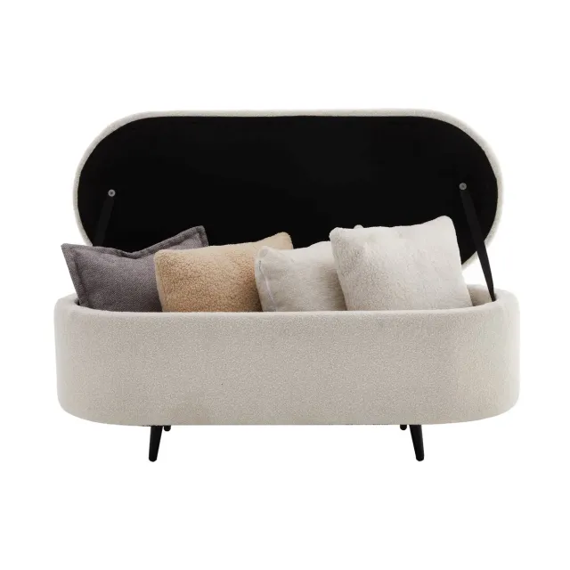 Banquette scandinave VOGUE 110 cm – Bouclé blanc & pieds noirs avec coffre de rangement intégré Banquette scandinave VOGUE 110 cm – Bouclé blanc & pieds noirs avec coffre de rangement intégré