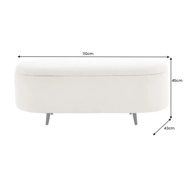 Banquette scandinave VOGUE 110 cm – Bouclé blanc & pieds noirs avec coffre de rangement intégré Banquette scandinave VOGUE 110 cm – Bouclé blanc & pieds noirs avec coffre de rangement intégré