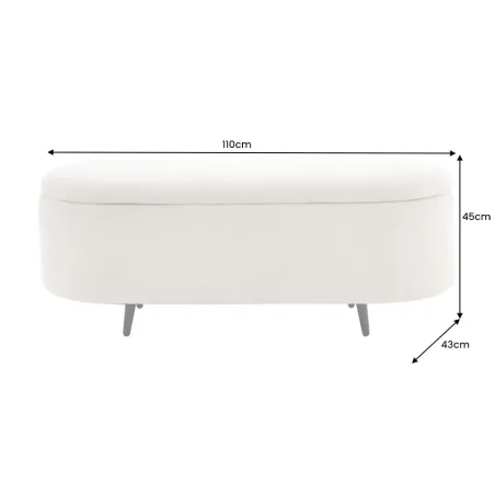 Banquette scandinave VOGUE 110 cm – Bouclé blanc & pieds noirs avec coffre de rangement intégré