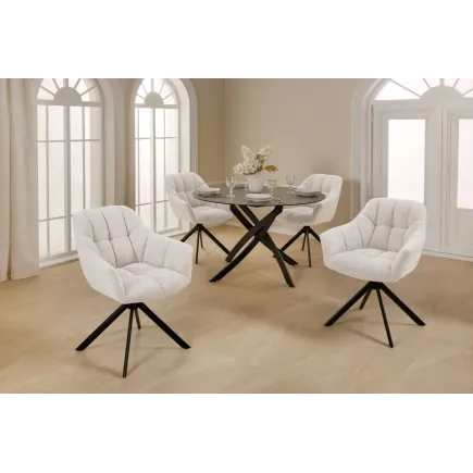 Fauteuil pivotant PAPILLON – Bouclé crème avec accoudoirs, base en métal noir et fonction retour automatique