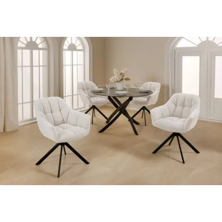 Fauteuil pivotant PAPILLON – Bouclé crème avec accoudoirs, base en métal noir et fonction retour automatique