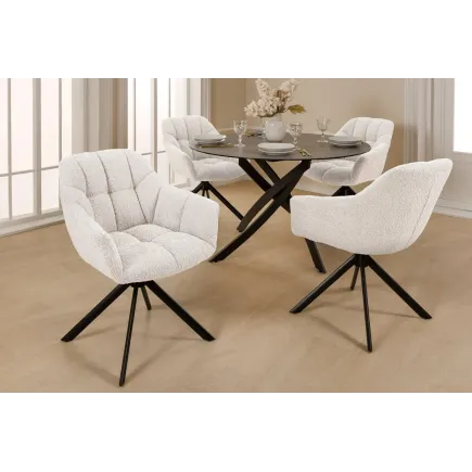 Fauteuil pivotant PAPILLON – Bouclé crème avec accoudoirs, base en métal noir et fonction retour automatique 2