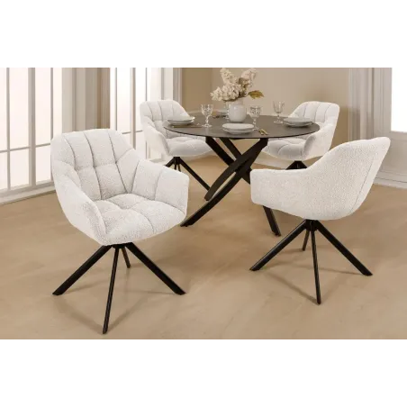 Fauteuil pivotant PAPILLON – Bouclé crème avec accoudoirs, base en métal noir et fonction retour automatique