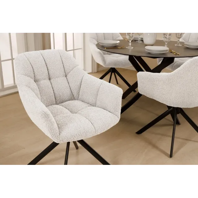 Fauteuil pivotant PAPILLON – Bouclé crème avec accoudoirs, base en métal noir et fonction retour automatique