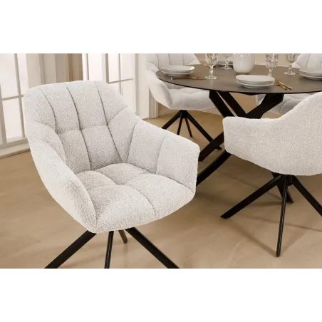 Fauteuil pivotant PAPILLON – Bouclé crème avec accoudoirs, base en métal noir et fonction retour automatique