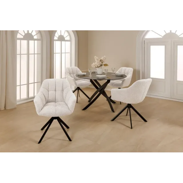 Fauteuil pivotant PAPILLON – Bouclé crème avec accoudoirs, base en métal noir et fonction retour automatique