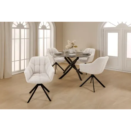 Fauteuil pivotant PAPILLON – Bouclé crème avec accoudoirs, base en métal noir et fonction retour automatique