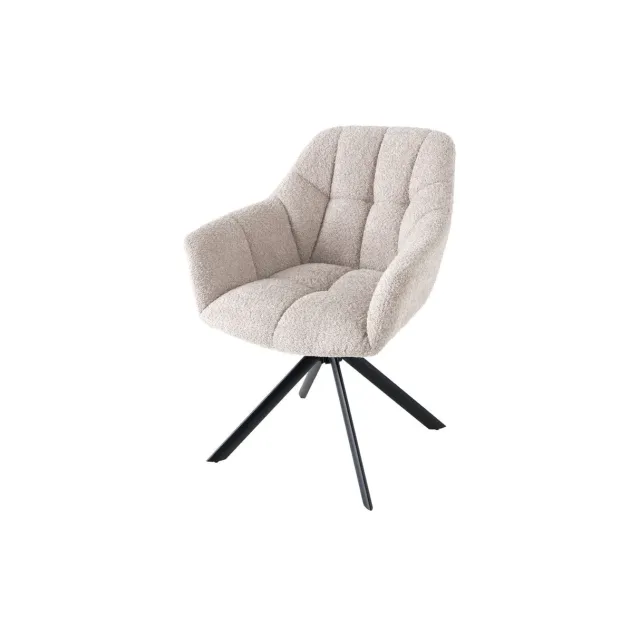 Fauteuil PAPILLON pivotant 180° – Bouclé greige avec accoudoirs et structure en métal noir