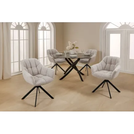 Fauteuil PAPILLON pivotant 180° – Bouclé greige avec accoudoirs et structure en métal noir