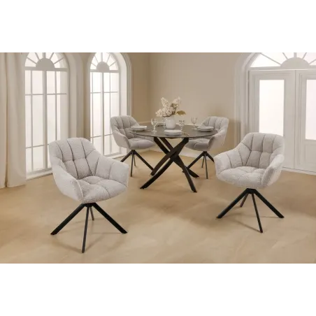 Fauteuil PAPILLON pivotant 180° – Bouclé greige avec accoudoirs et structure en métal noir