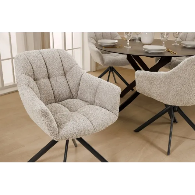 Fauteuil PAPILLON pivotant 180° – Bouclé greige avec accoudoirs et structure en métal noir