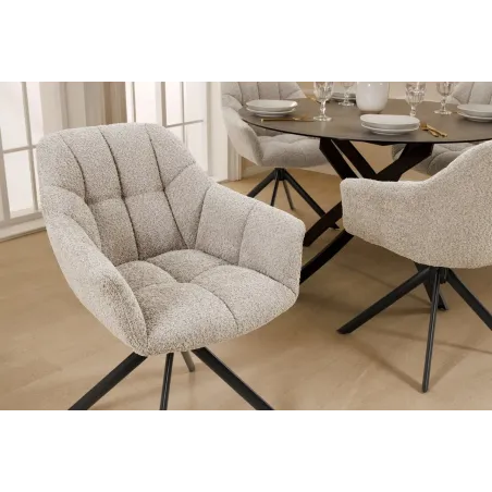 Fauteuil PAPILLON pivotant 180° – Bouclé greige avec accoudoirs et structure en métal noir