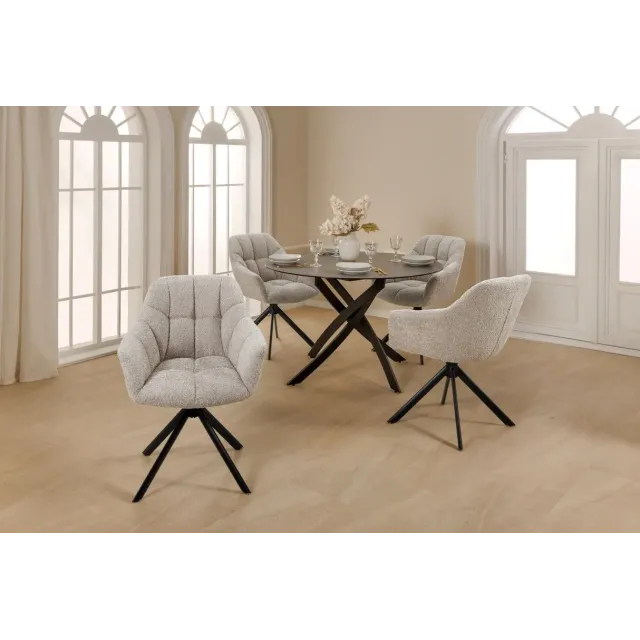 Fauteuil PAPILLON pivotant 180° – Bouclé greige avec accoudoirs et structure en métal noir