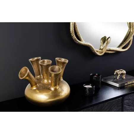 Vase design KIYA 25 cm – Doré, 5 ouvertures, fabrication artisanale en métal aluminium