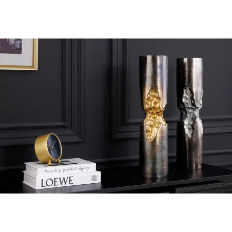 Vase moderne PRECIOUS 50 cm – Métal noir & argent, design martelé, 2-en-1 vase & bougeoir