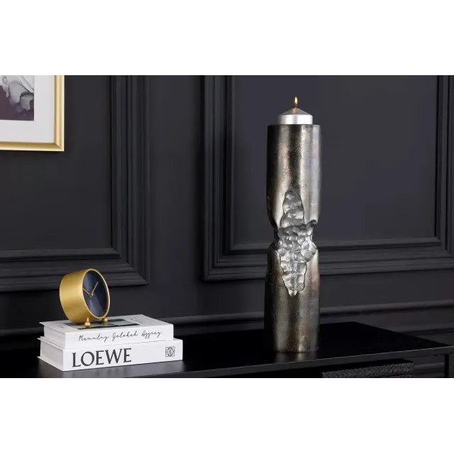 Vase moderne PRECIOUS 50 cm – Métal noir & argent, design martelé, 2-en-1 vase & bougeoir