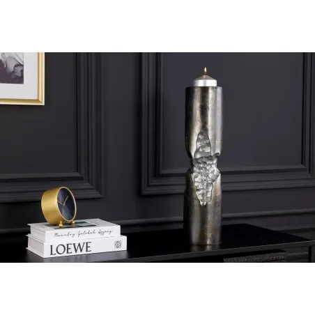 Vase moderne PRECIOUS 50 cm – Métal noir & argent, design martelé, 2-en-1 vase & bougeoir