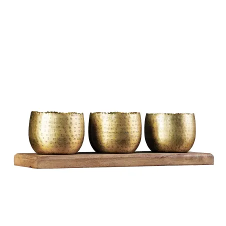 Set de décoration ORIENT – 3 coupelles dorées avec plateau en bois massif de manguier, design martelé fait main