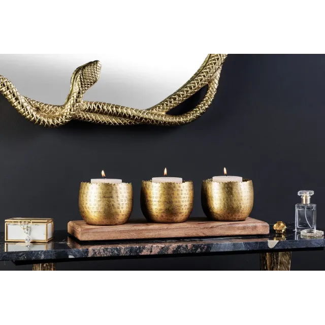 Set de décoration ORIENT – 3 coupelles dorées avec plateau en bois massif de manguier, design martelé fait main
