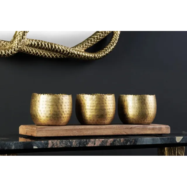 Set de décoration ORIENT – 3 coupelles dorées avec plateau en bois massif de manguier, design martelé fait main