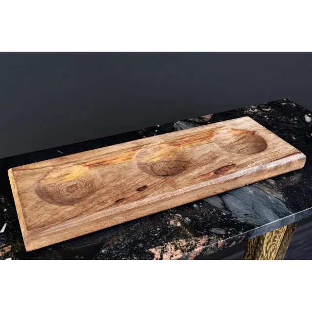 Set de décoration ORIENT – 3 coupelles dorées avec plateau en bois massif de manguier, design martelé fait main