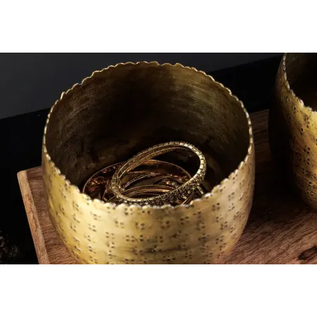 Set de décoration ORIENT – 3 coupelles dorées avec plateau en bois massif de manguier, design martelé fait main