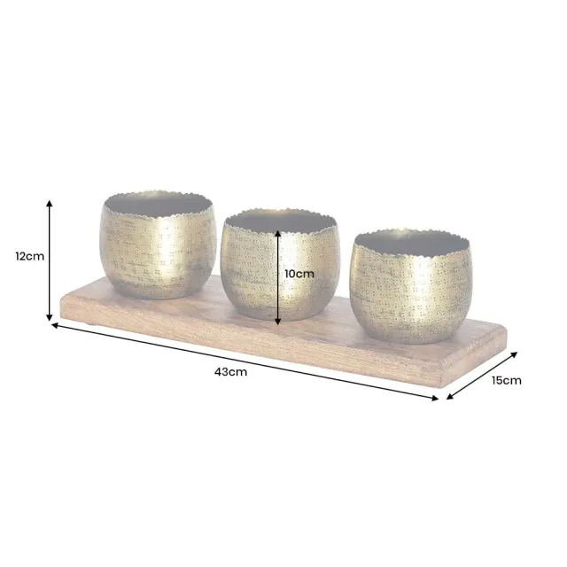 Set de décoration ORIENT – 3 coupelles dorées avec plateau en bois massif de manguier, design martelé fait main
