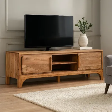 Meuble TV en Bois d’Acacia – Marron Clair – 160 x 40 x 50 cm – 2 Portes