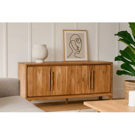 Buffet en Bois d’Acacia – Marron Clair – 175 x 40 x 81 cm – 4 Portes