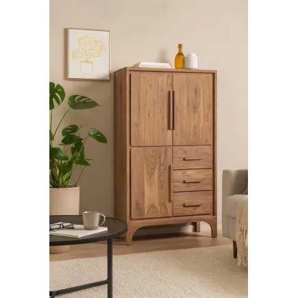 Buffet Haut en Bois d’Acacia – Marron Clair – 90 x 45 x 160 cm – 3 Tiroirs & 2 Étagères