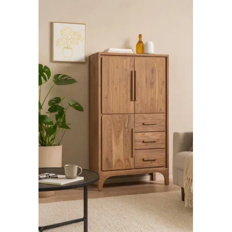 Buffet Haut en Bois d’Acacia – Marron Clair – 90 x 45 x 160 cm – 3 Tiroirs & 2 Étagères