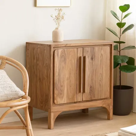Buffet Harmonia en bois d’acacia massif marron clair avec 2 portes et 1 étagère, intégré dans un intérieur moderne et naturel