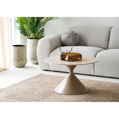 Table basse ronde moderne plateau céramique sablier en couleur sable