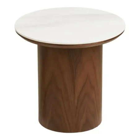 Table d’appoint avec plateau en céramique et placage frêne – Blanc / marron foncé – Ø 40 x 38 cm/ Elsines