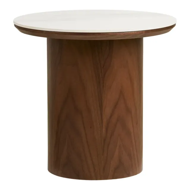 Table d’appoint avec plateau en céramique et placage frêne – Blanc / marron foncé – Ø 40 x 38 cm/ Elsines